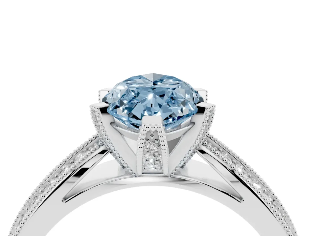 Fancy Blue Marquise Cut Diamond Solitaire Ring with Milgrain Round Pavé Band and Prong Setting Silver
