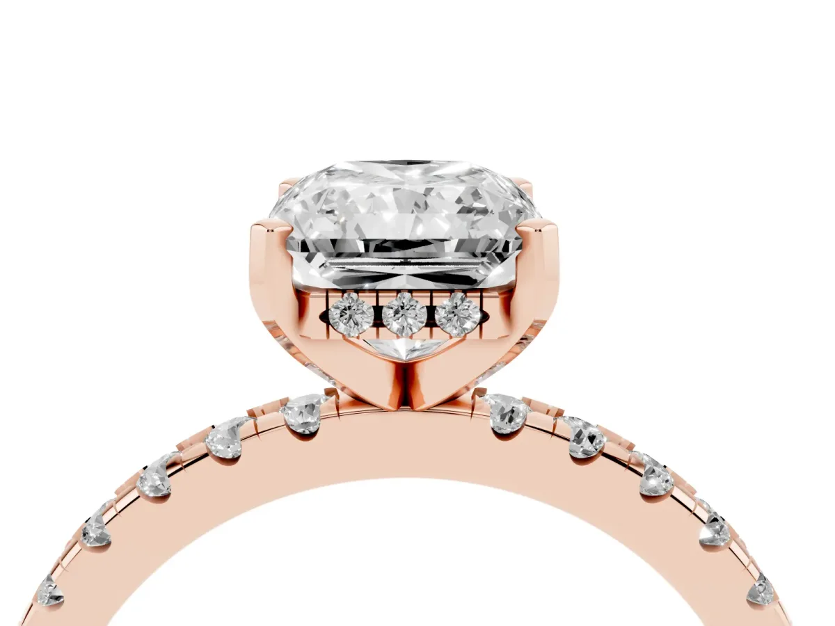 Radiant Cut Diamond Solitaire Ring with Round Pavé Band and Four-Prong Setting Rose gold