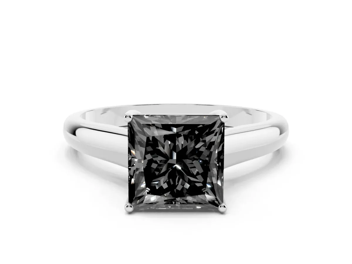 Fancy Black Princess Cut Solitaire Engagement Ring with Tapered Band and Four-Prong Setting Silver
