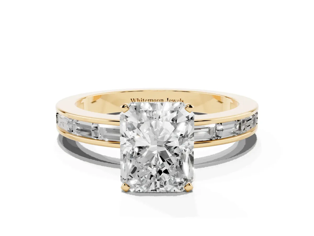 Radiant Cut Solitaire Diamond Ring with Channel-Set Baguette Band and Four-Prong Setting Yellow gold