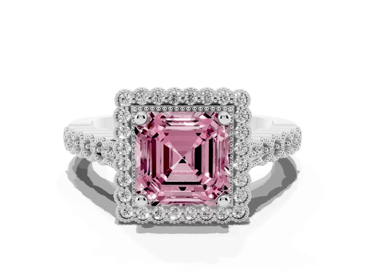 Fancy Pink Asscher Cut Cut Halo Pavé Solitaire Ring with Milgrain Band Platinum
