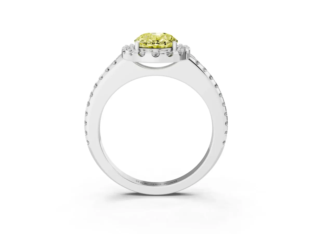 Fancy Yellow Oval Cut Diamond Pavé Halo Ring with Four-Prong Setting Silver
