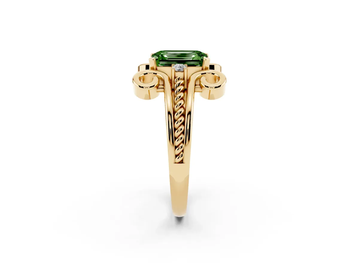 Fancy Green Emerald Cut Solitaire Twisted Band Scroll Prong Ring Yellow gold