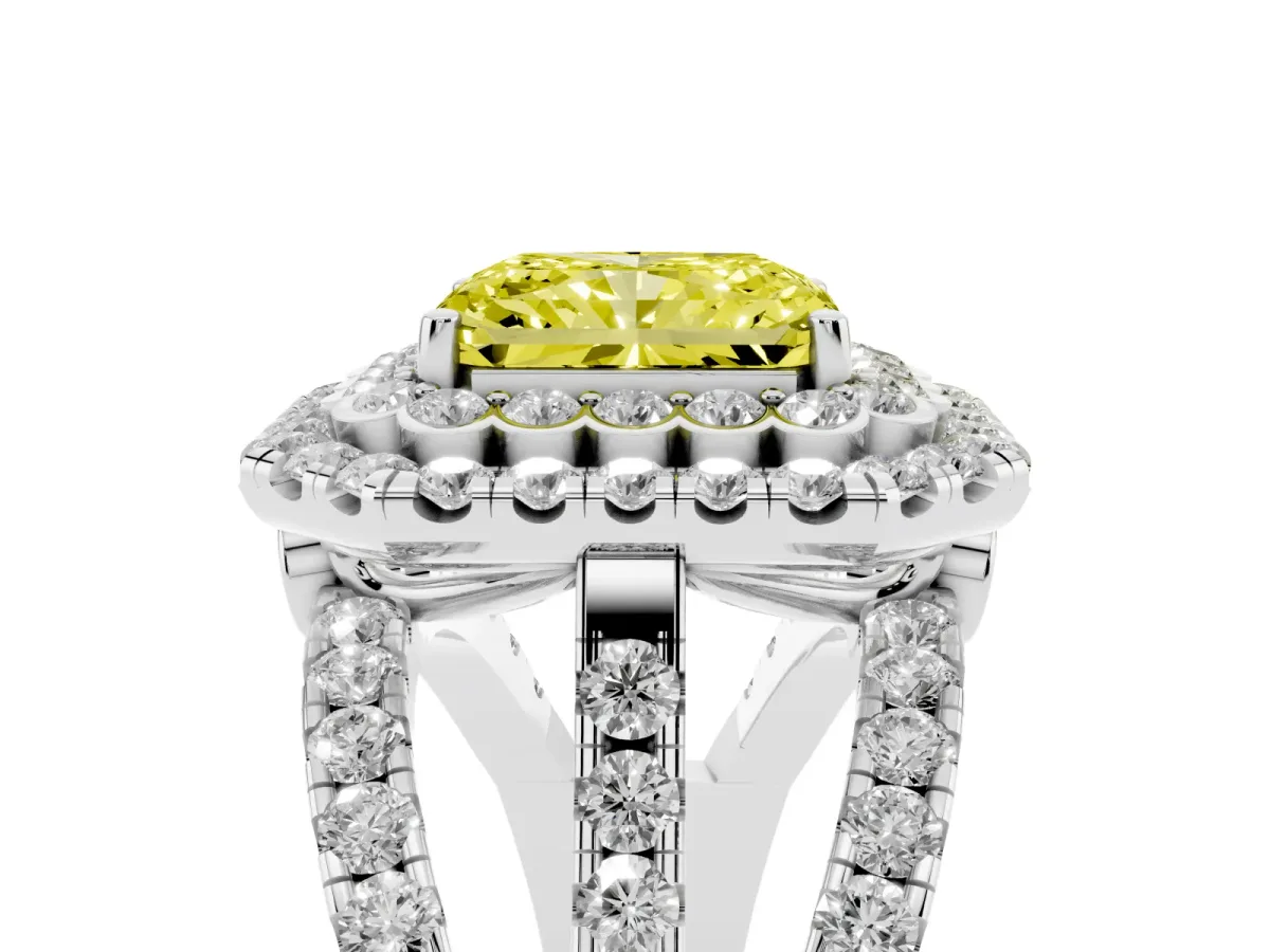 Fancy Yellow Radiant Cut Diamond Double Halo Ring with Round Pavé Split Shank and Prong Setting Silver