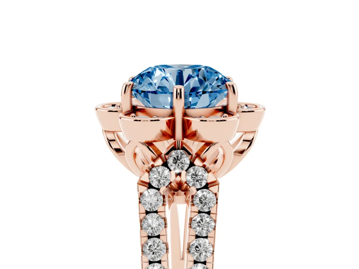 Fancy Blue Round Cut Halo Diamond Floral Split Shank Engagement Ring Rose gold