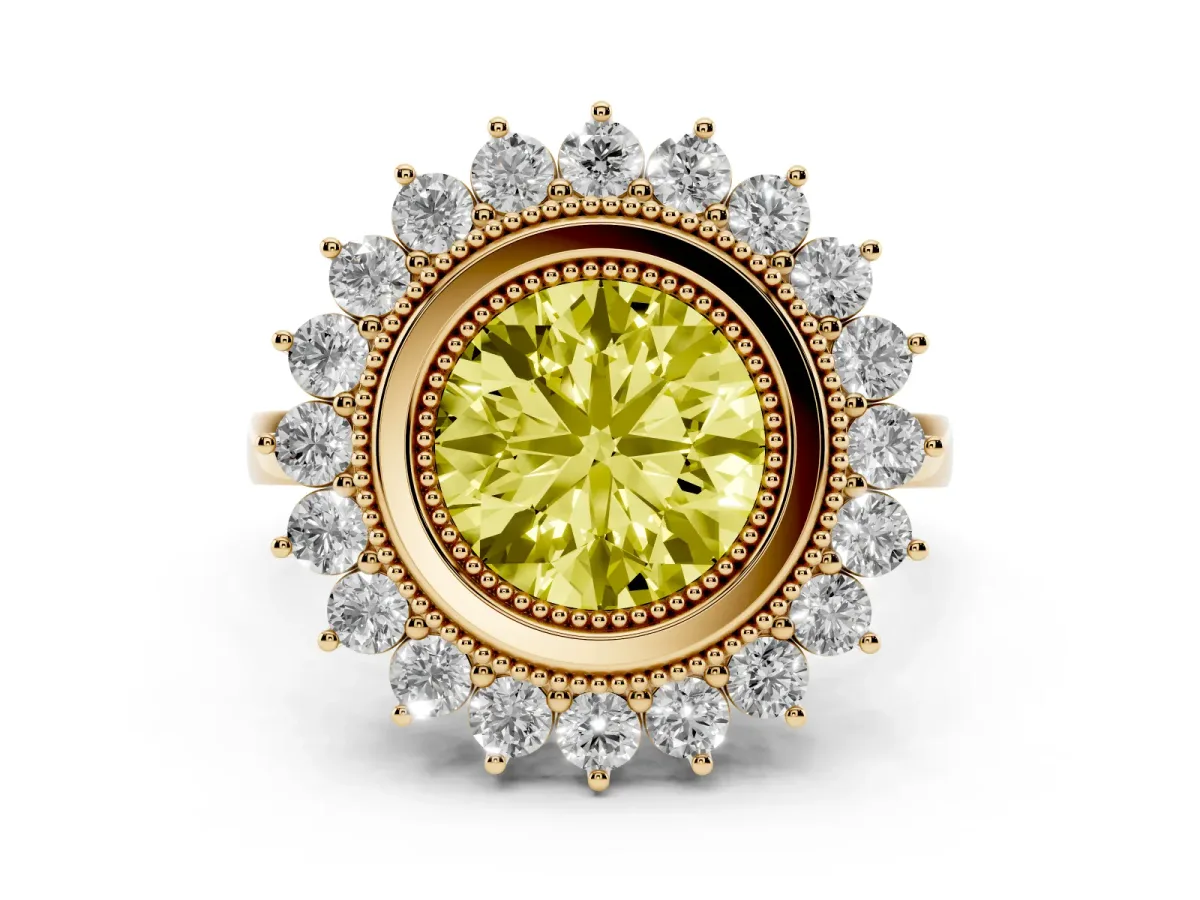 Fancy Yellow Round Cut Halo Diamond Ring with Milgrain Edge and Round Prong Setting Yellow gold
