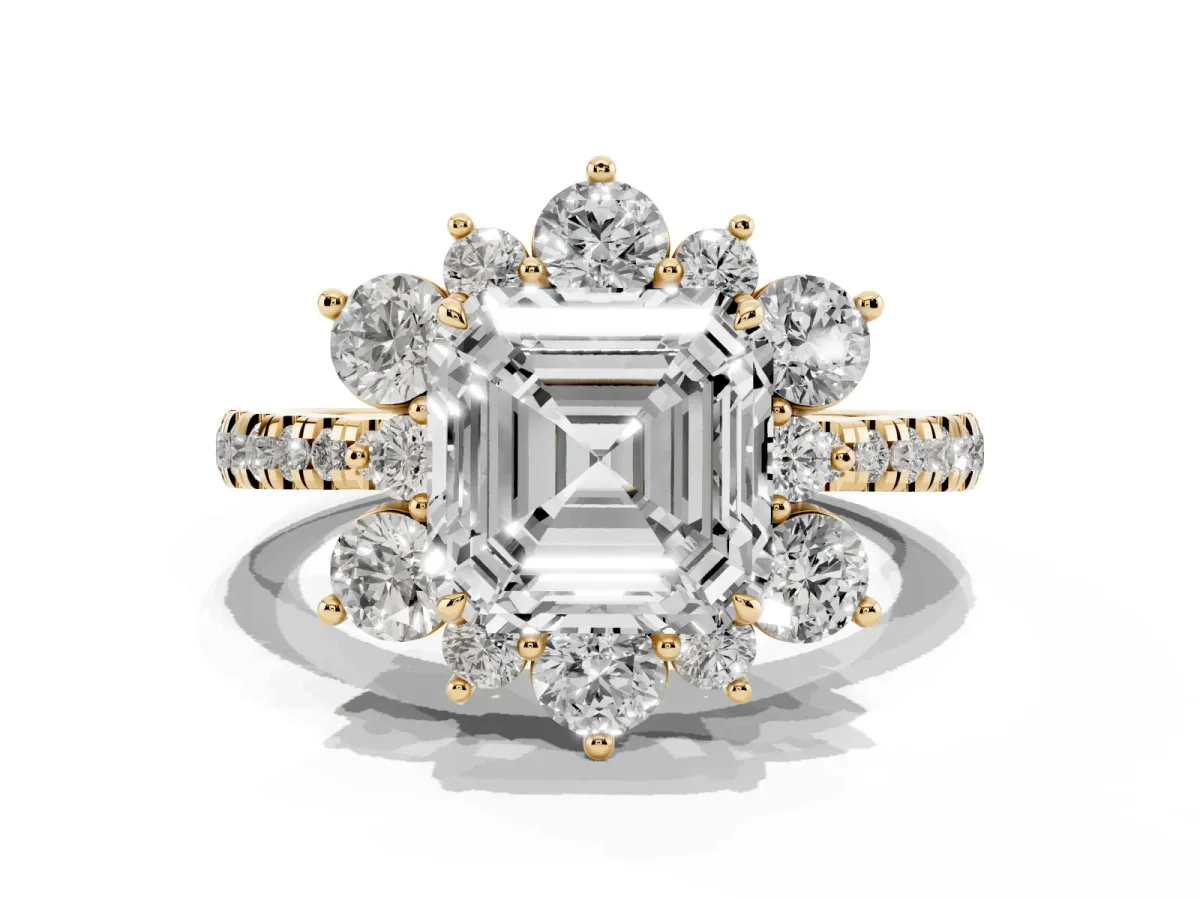 Asscher Cut Diamond Floral Halo Ring with Round Pavé Band and Prong Setting Yellow gold