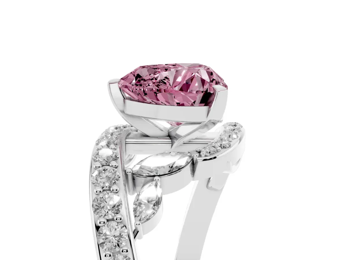 Fancy Pink Heart Cut Solitaire with Pavé Twist Band and Four-Prong Setting Silver