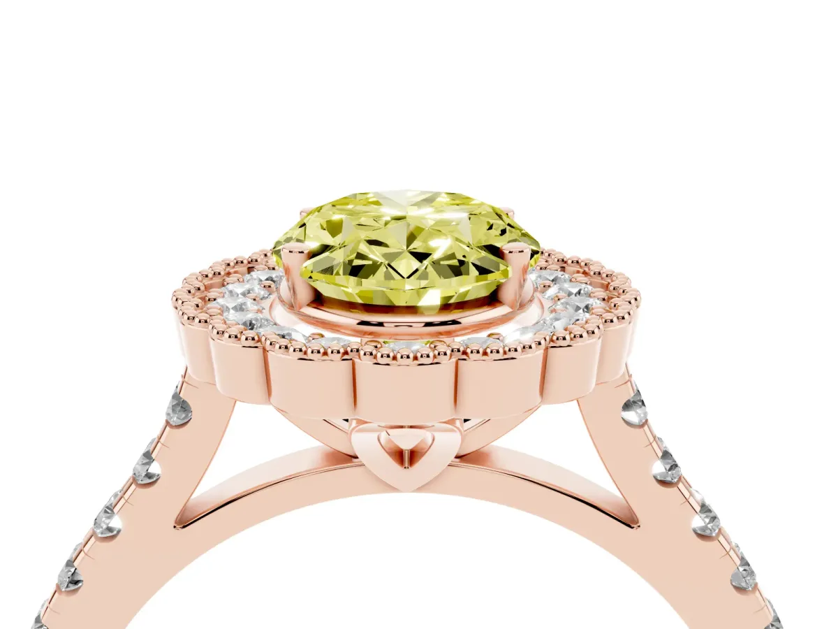 Fancy Yellow Oval Cut Cut Diamond Milgrain Floral Halo Engagement Ring with Pavé Band Rose gold