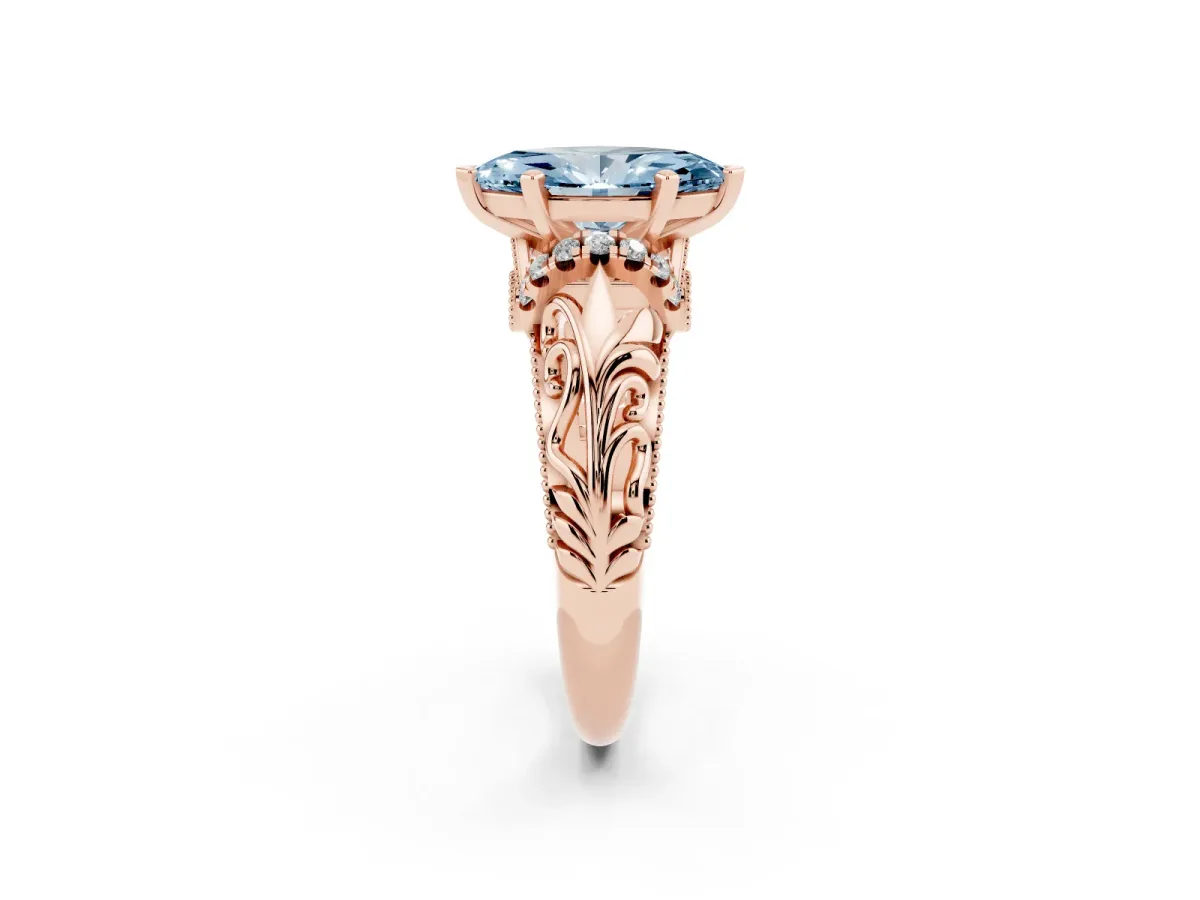 Fancy Blue Marquise Cut Solitaire Filigree Engagement Ring with Halo and Prong Setting Rose gold