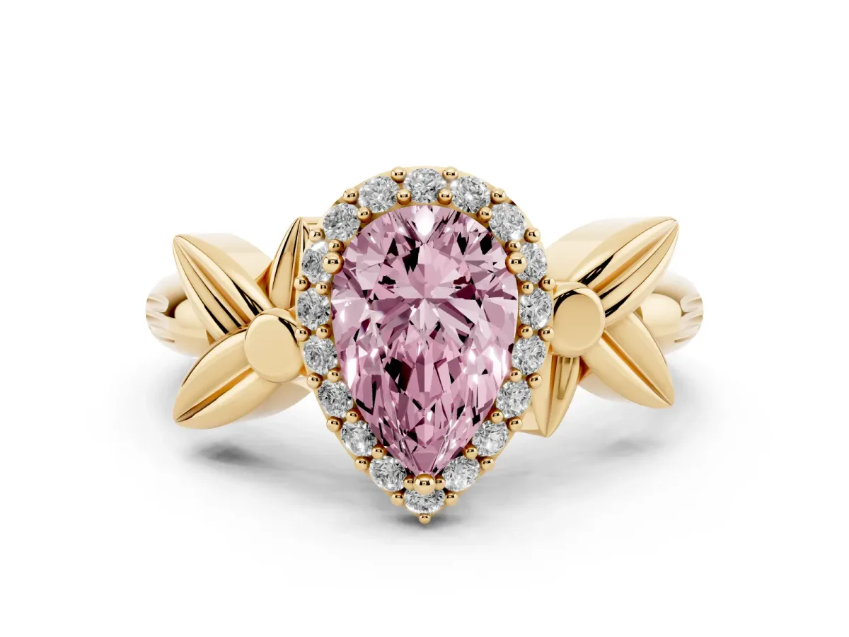 Fancy Pink Pear Cut Halo Diamond Floral Band with Four-Prong Setting Yellow gold