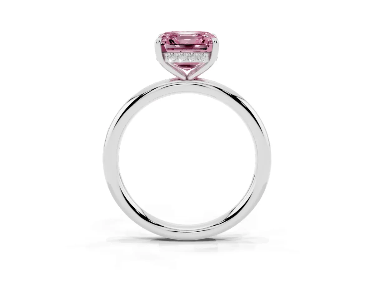 Fancy Pink Asscher Cut Diamond Solitaire Ring with Thin Band and Four-Prong Setting Silver