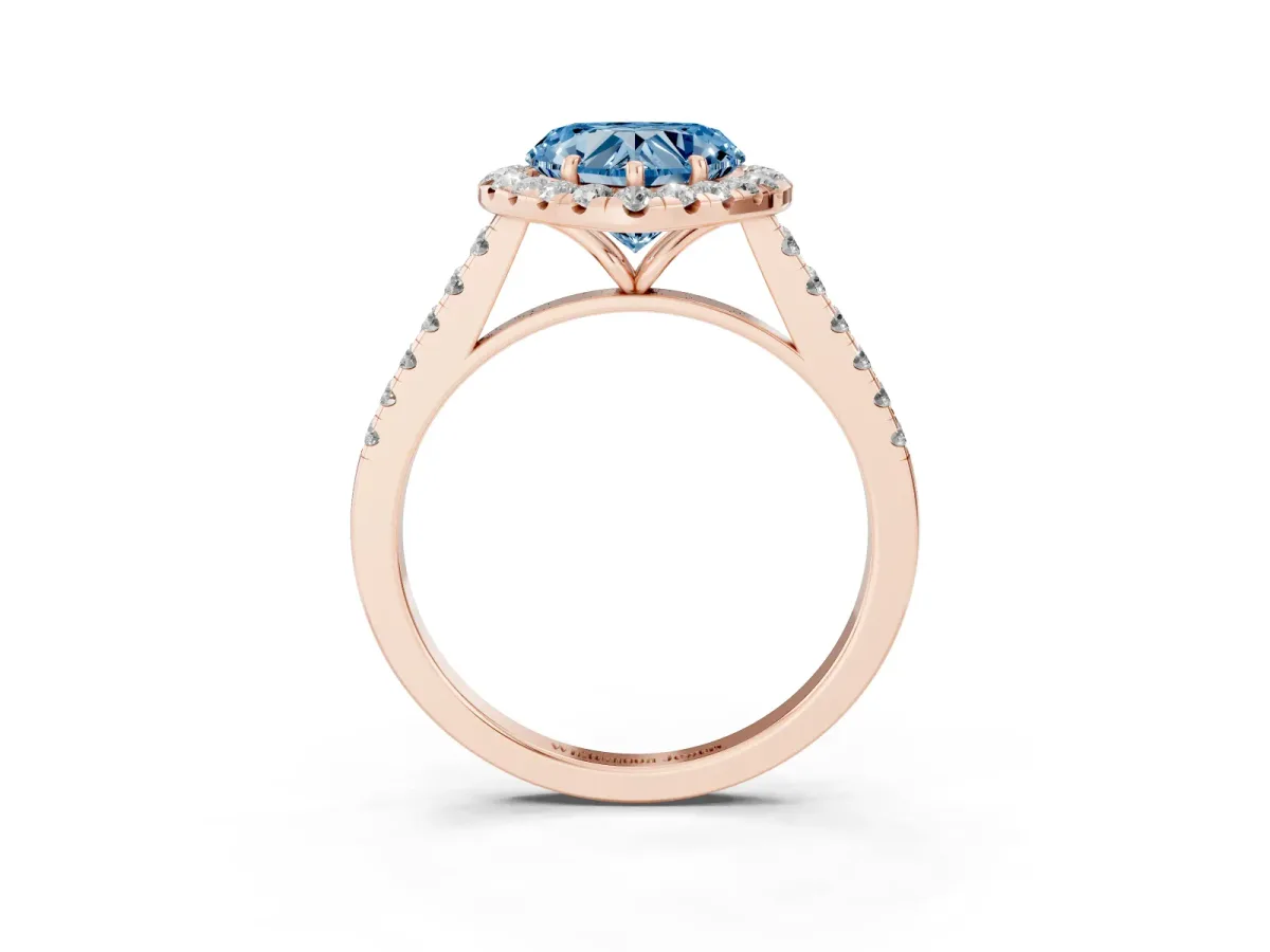 Fancy Blue Heart Cut Halo Pave Diamond Engagement Ring with Four-Prong Setting Rose gold