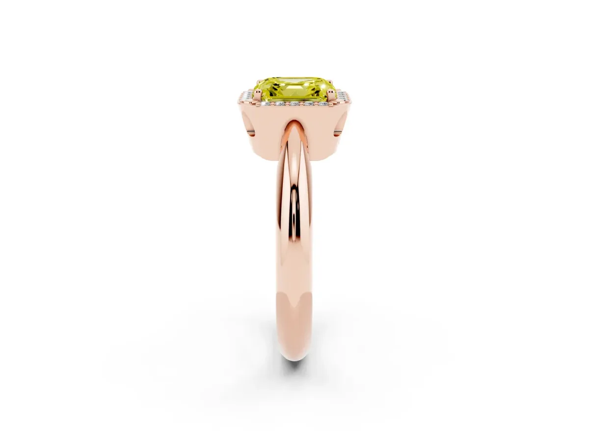 Fancy Yellow Asscher Cut Cut Diamond Halo Engagement Ring with Split Shank and Four-Prong Setting Rose gold
