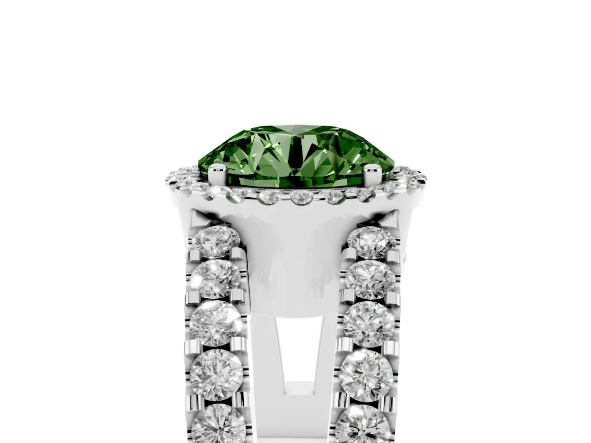 Fancy Green Round Cut Cut Halo Split Shank Diamond Ring with Four-Prong Setting Platinum