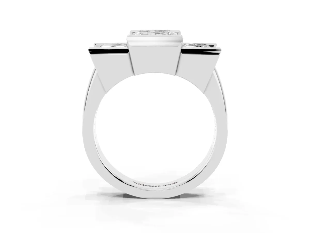 Three Stone Princess Cut Cut Channel Set Diamond Ring Silver