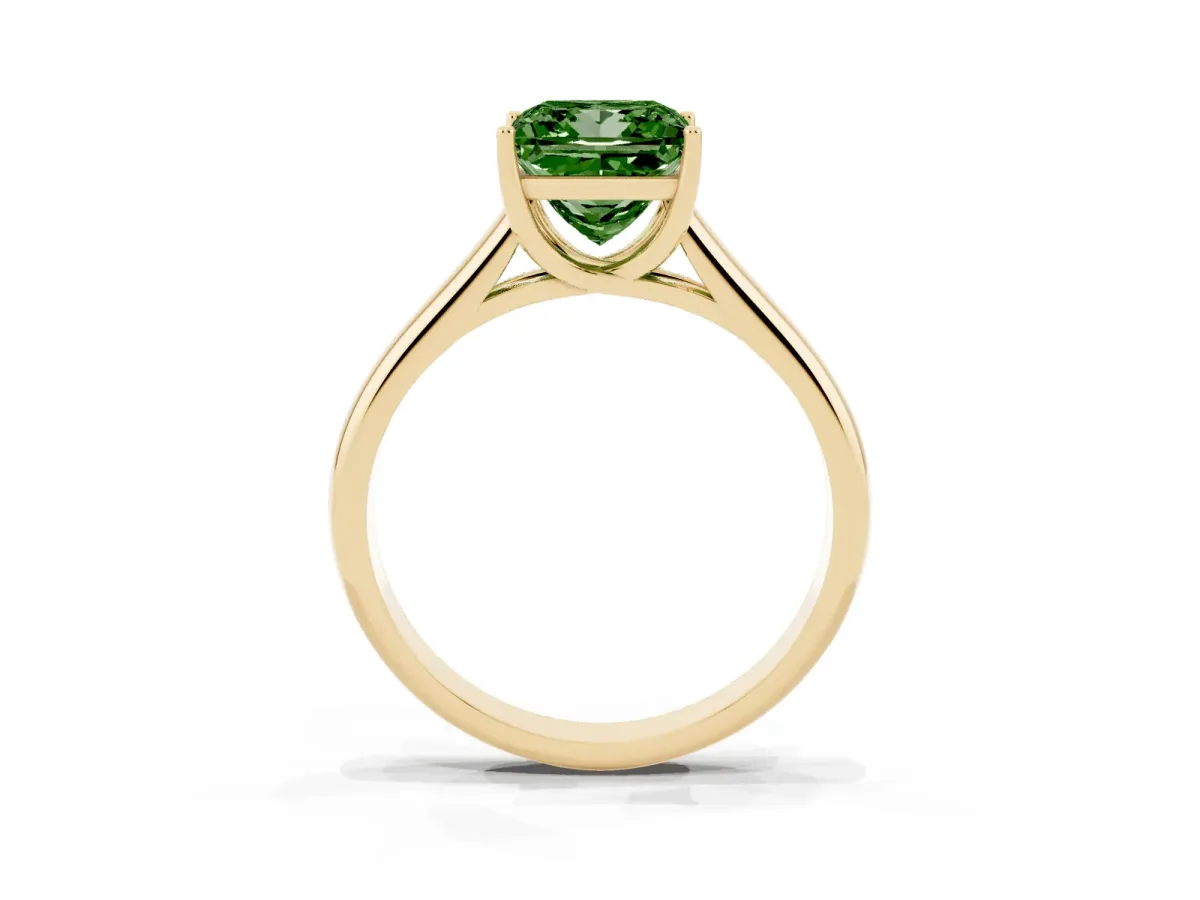 Fancy Green Princess Cut Solitaire Engagement Ring with Tapered Band and Four-Prong Setting Yellow gold