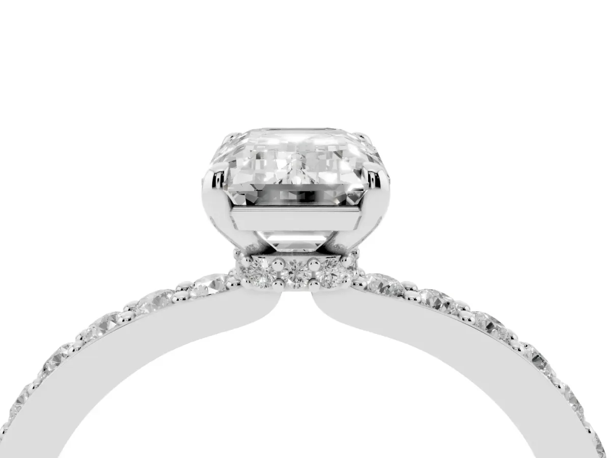 Emerald Cut Diamond Pavé Engagement Ring with Round Accents and Prong Setting Platinum