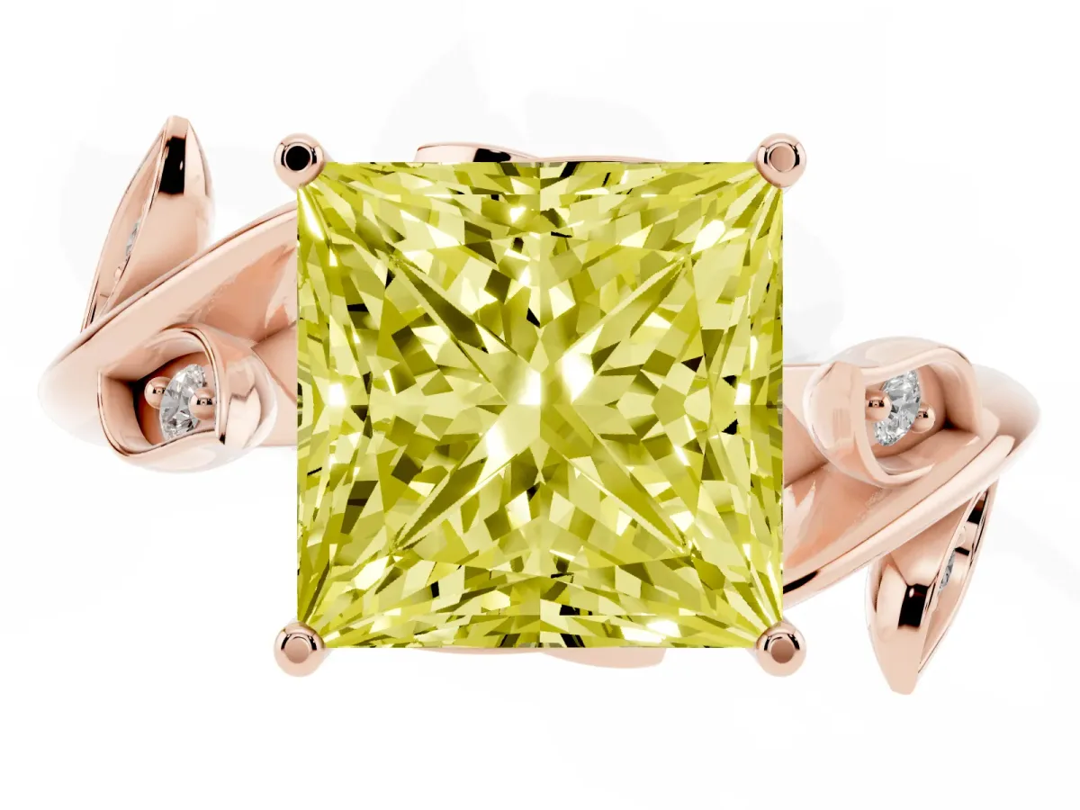 Fancy Yellow Princess Cut Solitaire Twist Engagement Ring with Leaf Accents and Prong Setting Rose gold