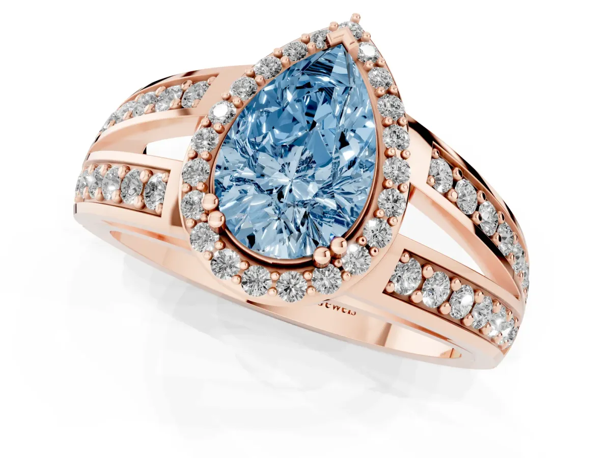 Fancy Blue Pear Cut Diamond Halo Ring with Split Shank Pavé Band and Four-Prong Setting Rose gold
