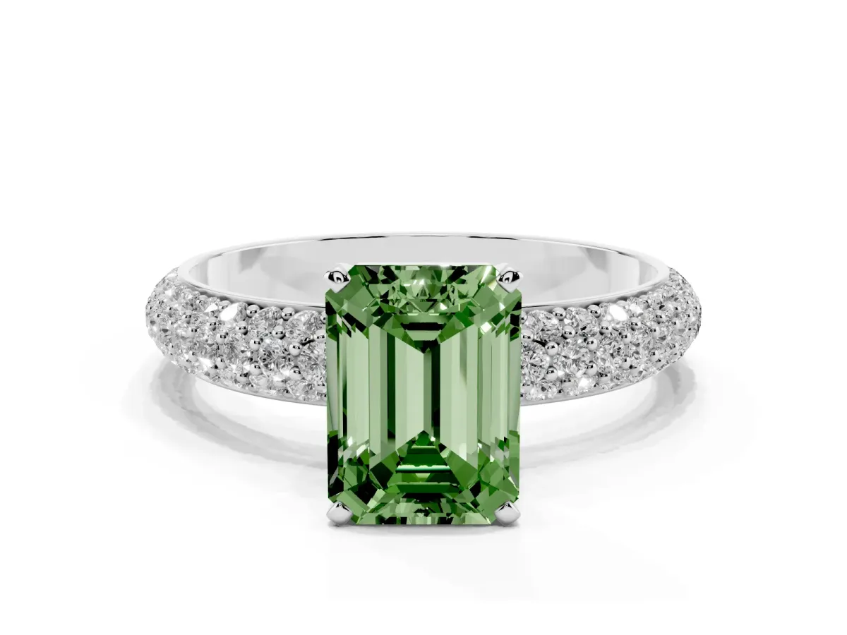 Fancy Green Emerald Cut Diamond Solitaire Ring with Prong Setting and Pavé Band Silver