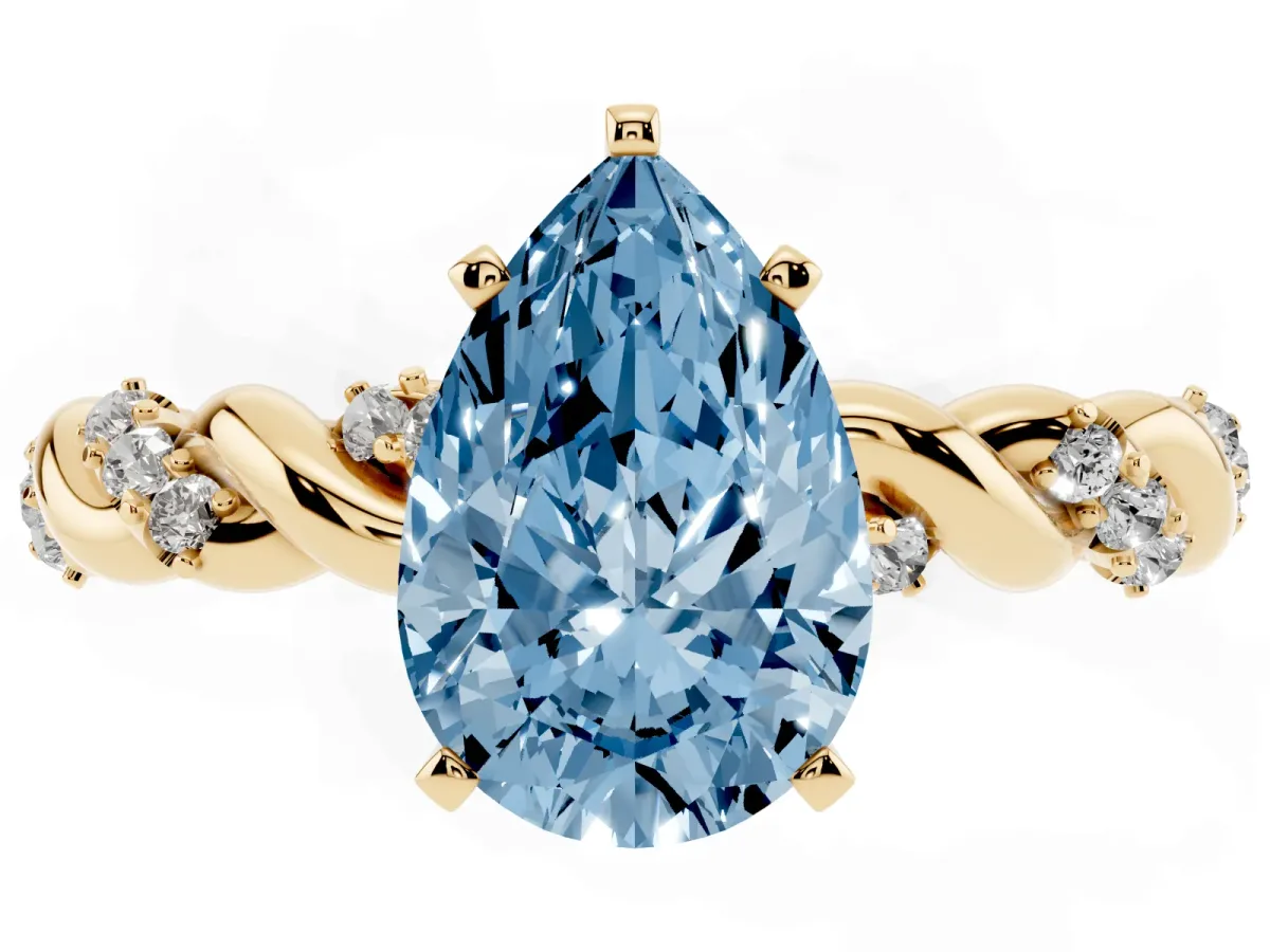 Fancy Blue Pear Cut Diamond Solitaire Ring with Twisted Band and Pavé Accents Yellow gold
