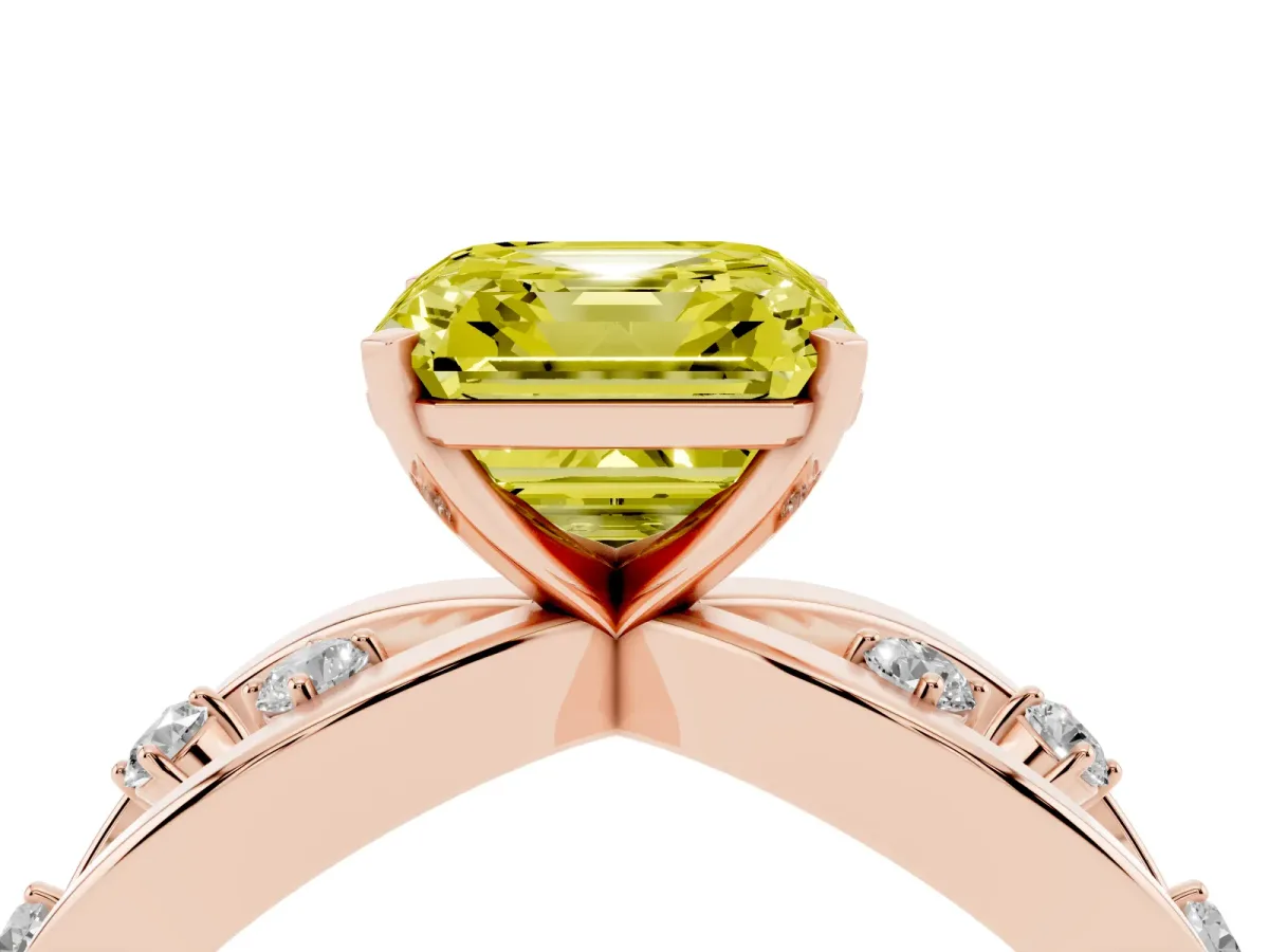 Fancy Yellow Asscher Cut Cut Solitaire Diamond with Side Stones on Criss-Cross Band and Four-Prong Setting Rose gold