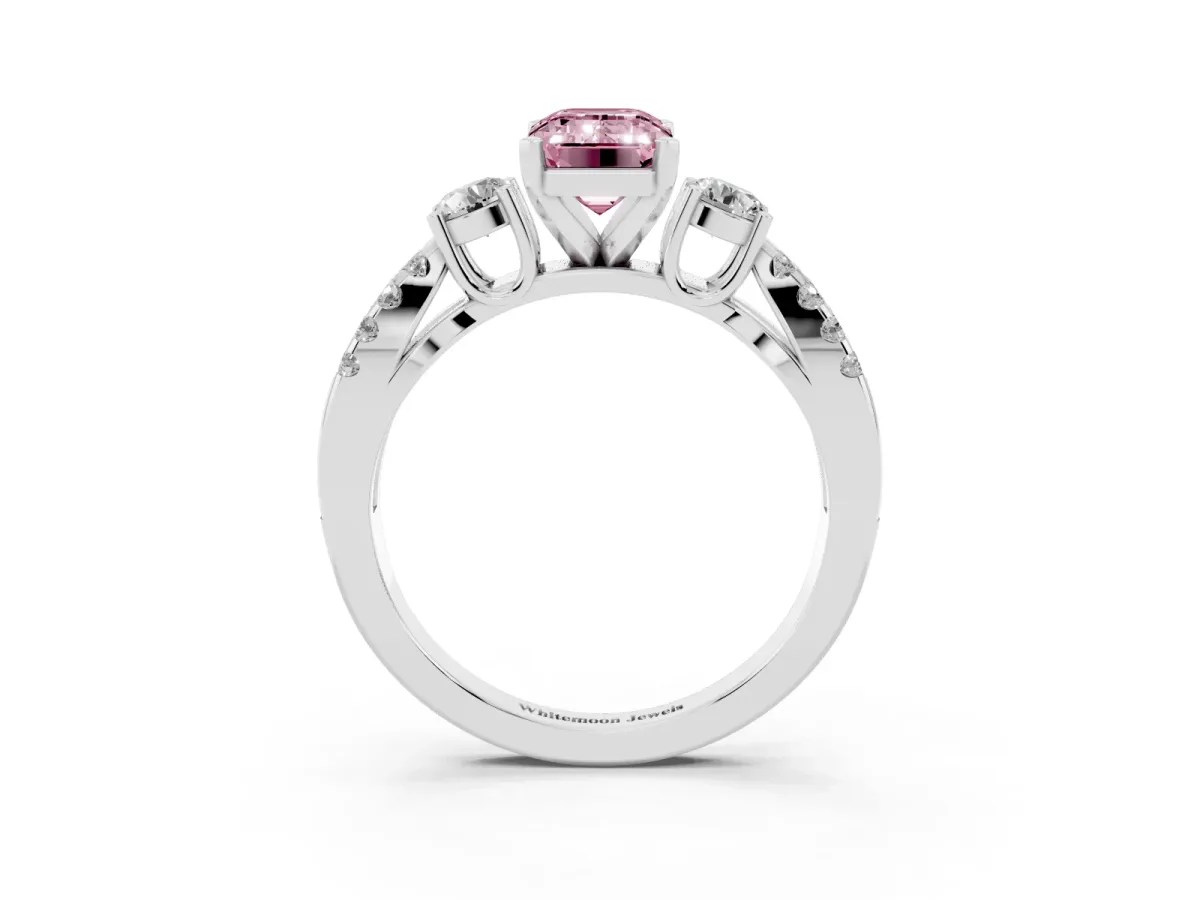 Fancy Pink Emerald Cut Diamond Three-Stone Ring with Pavé Split Shank and Four-Prong Setting Silver