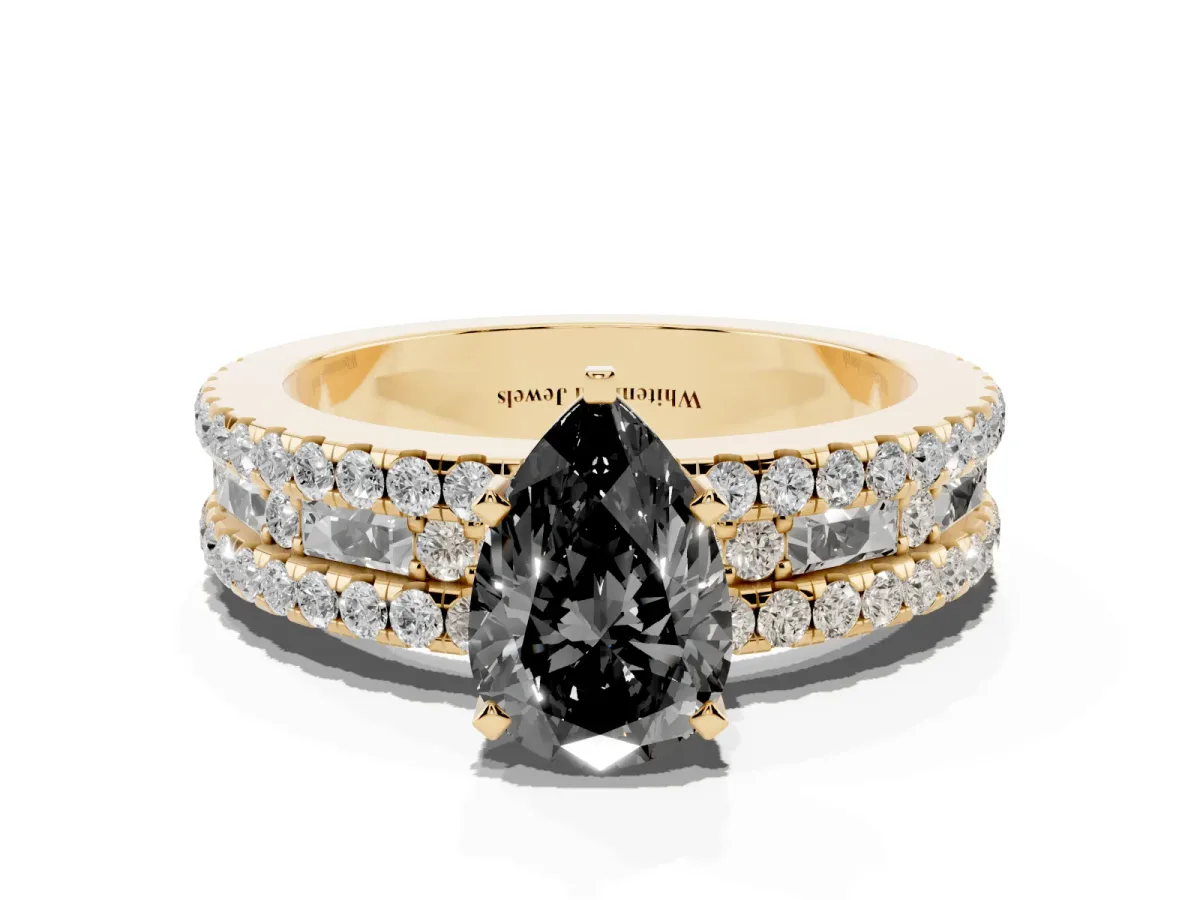 Fancy Black Pear Cut Diamond Solitaire Ring with Pavé and Channel Set Band Yellow gold