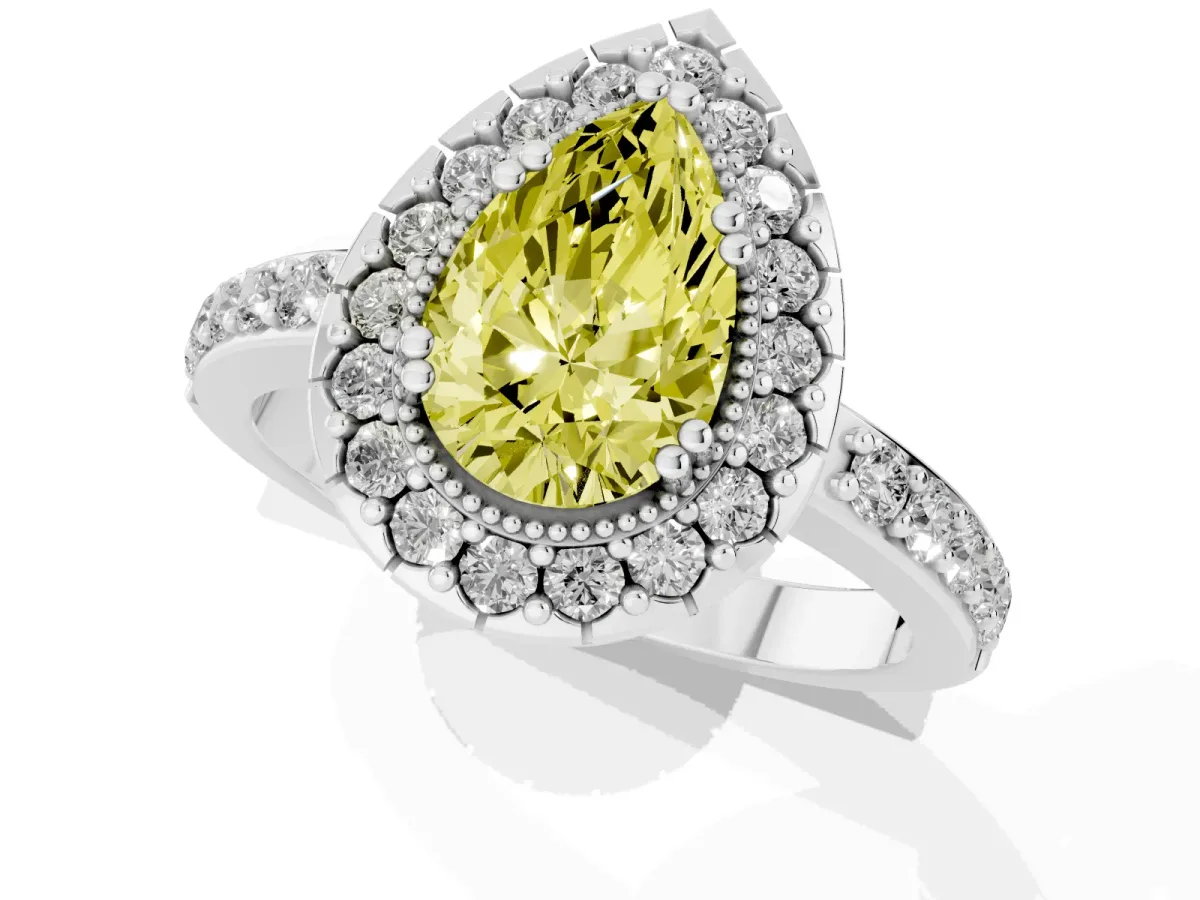 Fancy Yellow Pear Cut Diamond Halo Ring with Pavé Band and Prong Setting Platinum