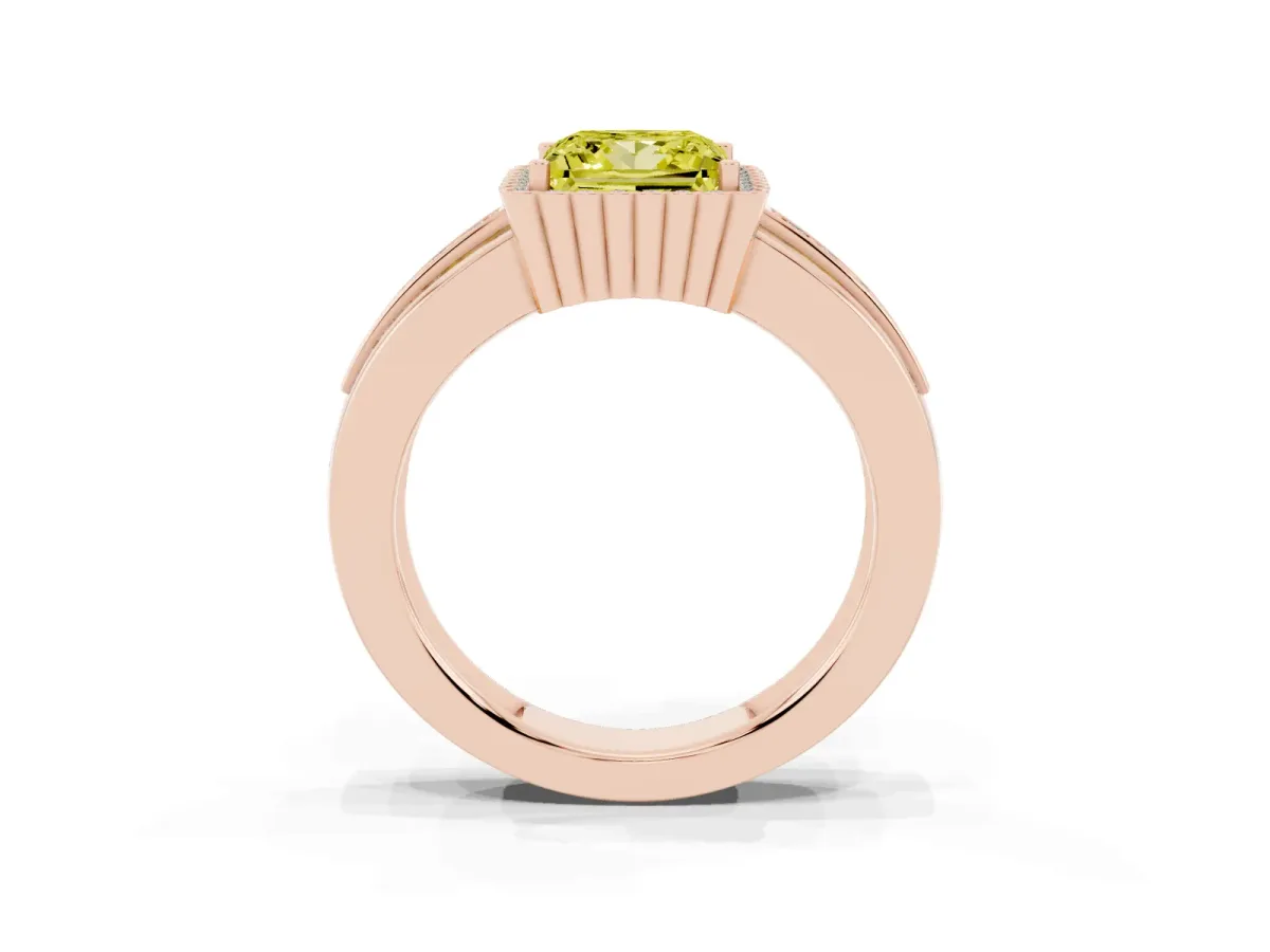 Fancy Yellow Princess Cut Cut Halo Pave Band Four-Prong Ring Rose gold