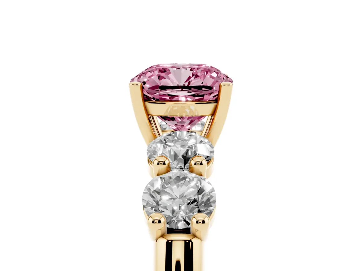 Fancy Pink Cushion Cut Cut Five-Stone Prong Set Diamond Ring with Classic Band Yellow gold