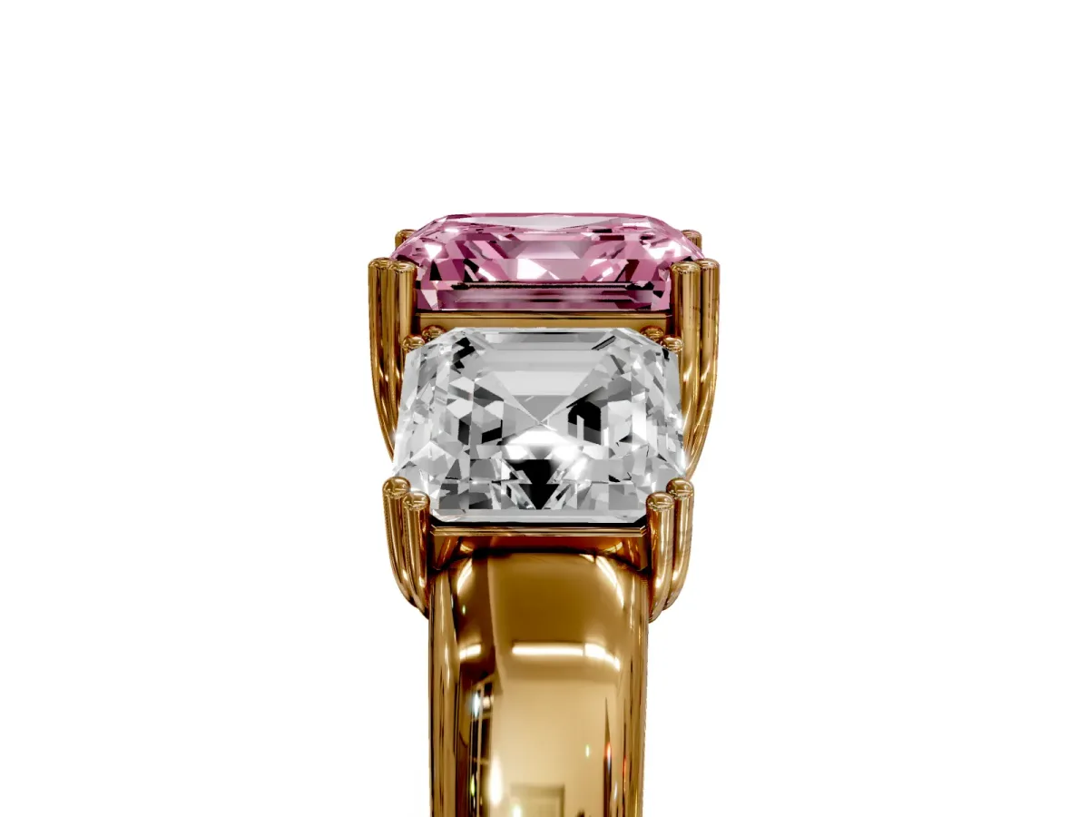 Fancy Pink Three-Stone Asscher Cut Cut Diamond Ring with Channel Set Band and Four-Prong Setting Yellow gold