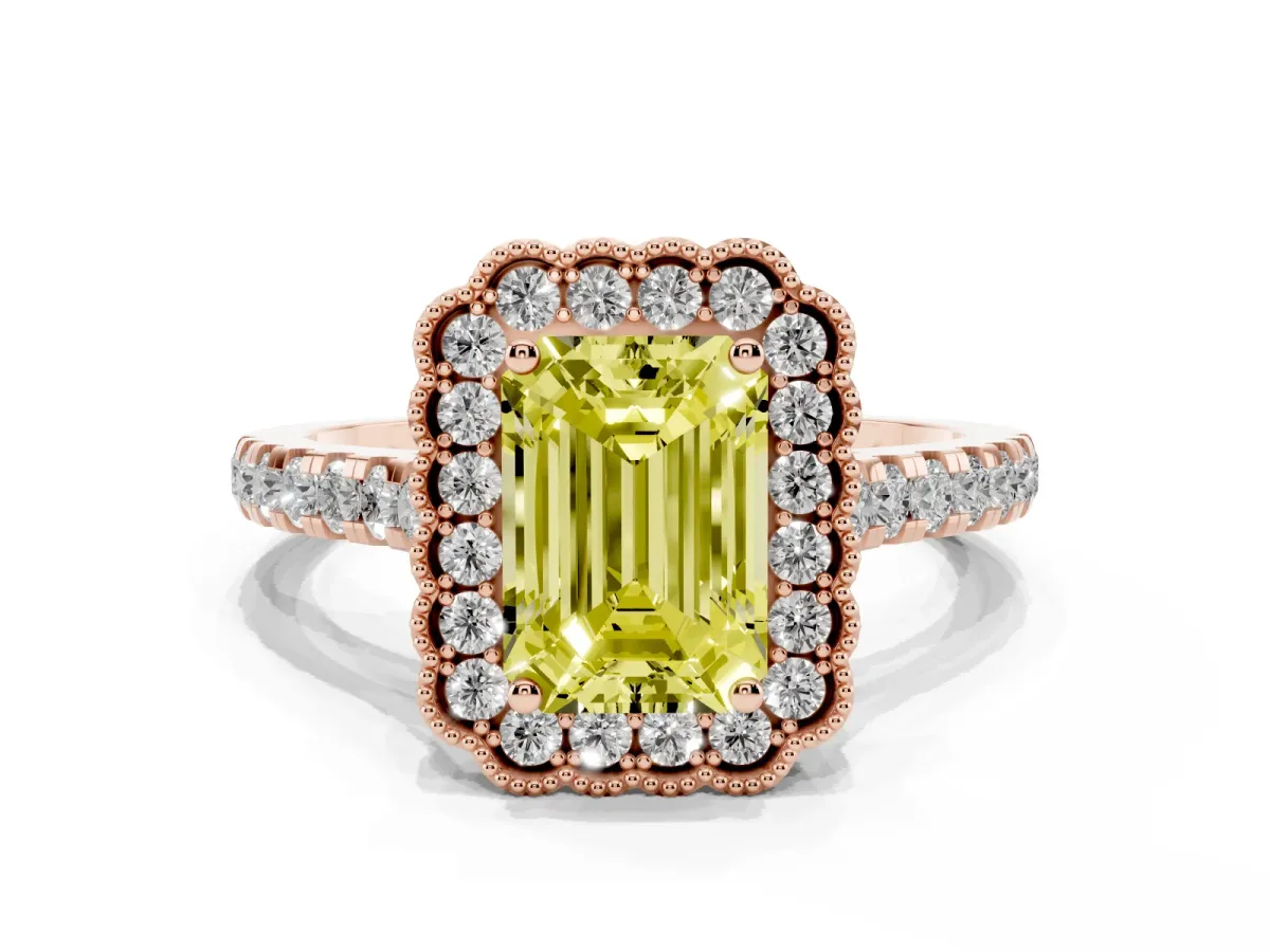 Fancy Yellow Emerald Cut Cut Diamond Milgrain Floral Halo Engagement Ring with Pavé Band Rose gold