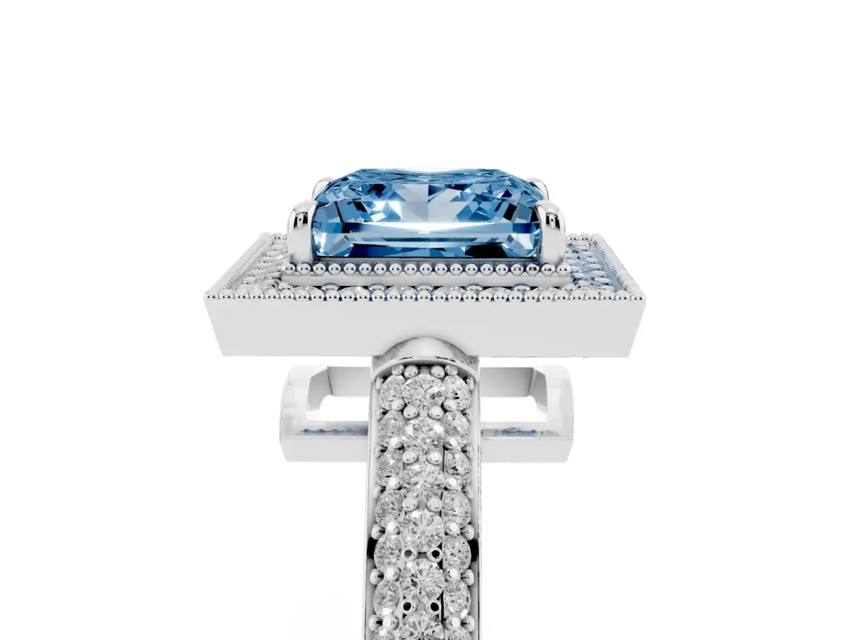 Fancy Blue Princess Cut Cut Halo Diamond Pave Band with Four-Prong Setting Silver