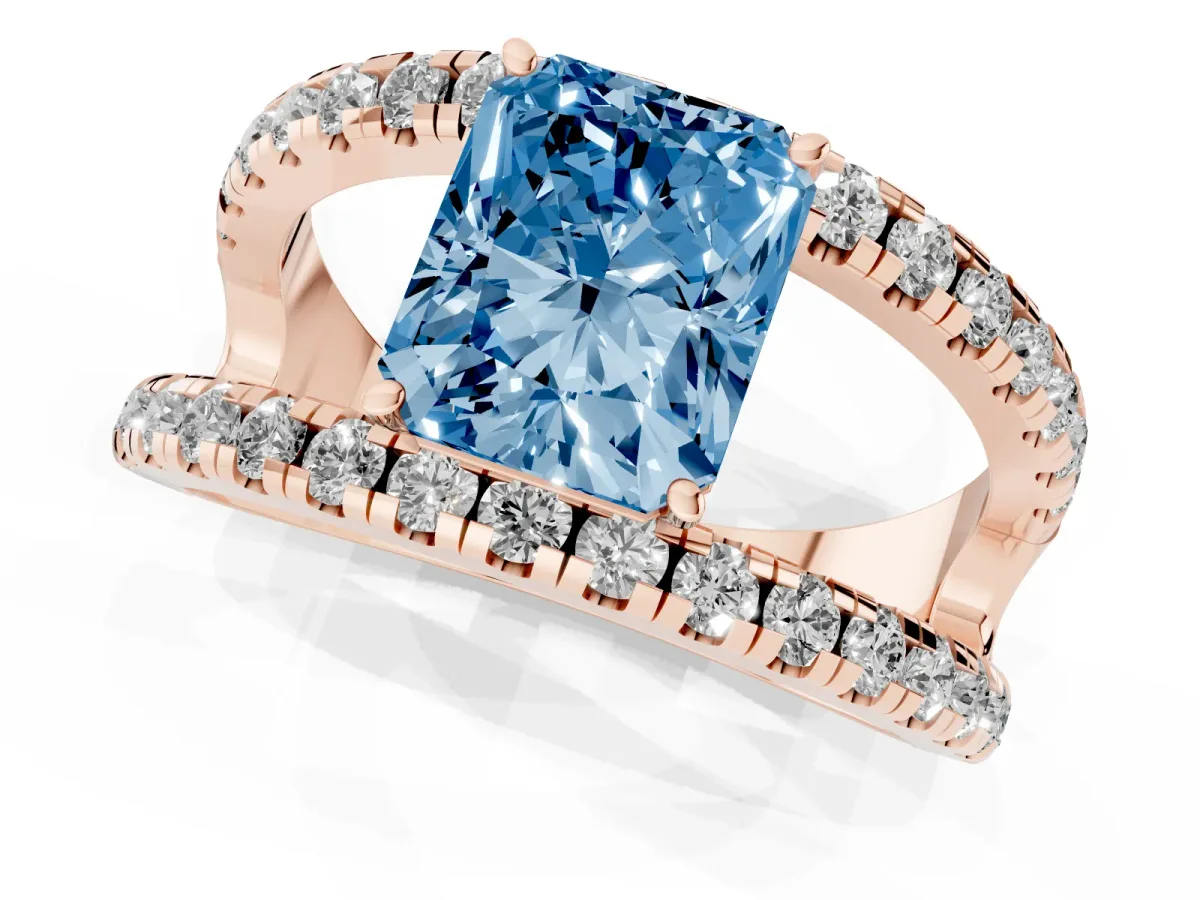 Fancy Blue Radiant Cut Solitaire Split Shank Pave Diamond Ring Rose gold