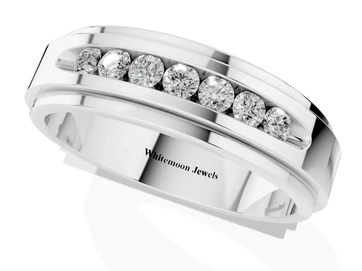 Round Diamond Seven-Stone Channel Set Mens Band Silver