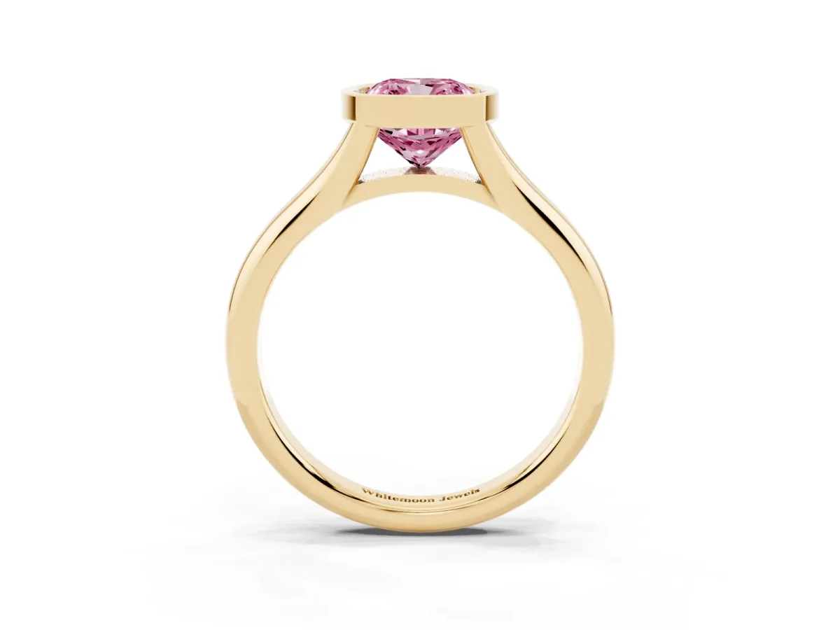 Fancy Pink Bezel Set Cushion Cut Solitaire Diamond Ring with Smooth Band Yellow gold