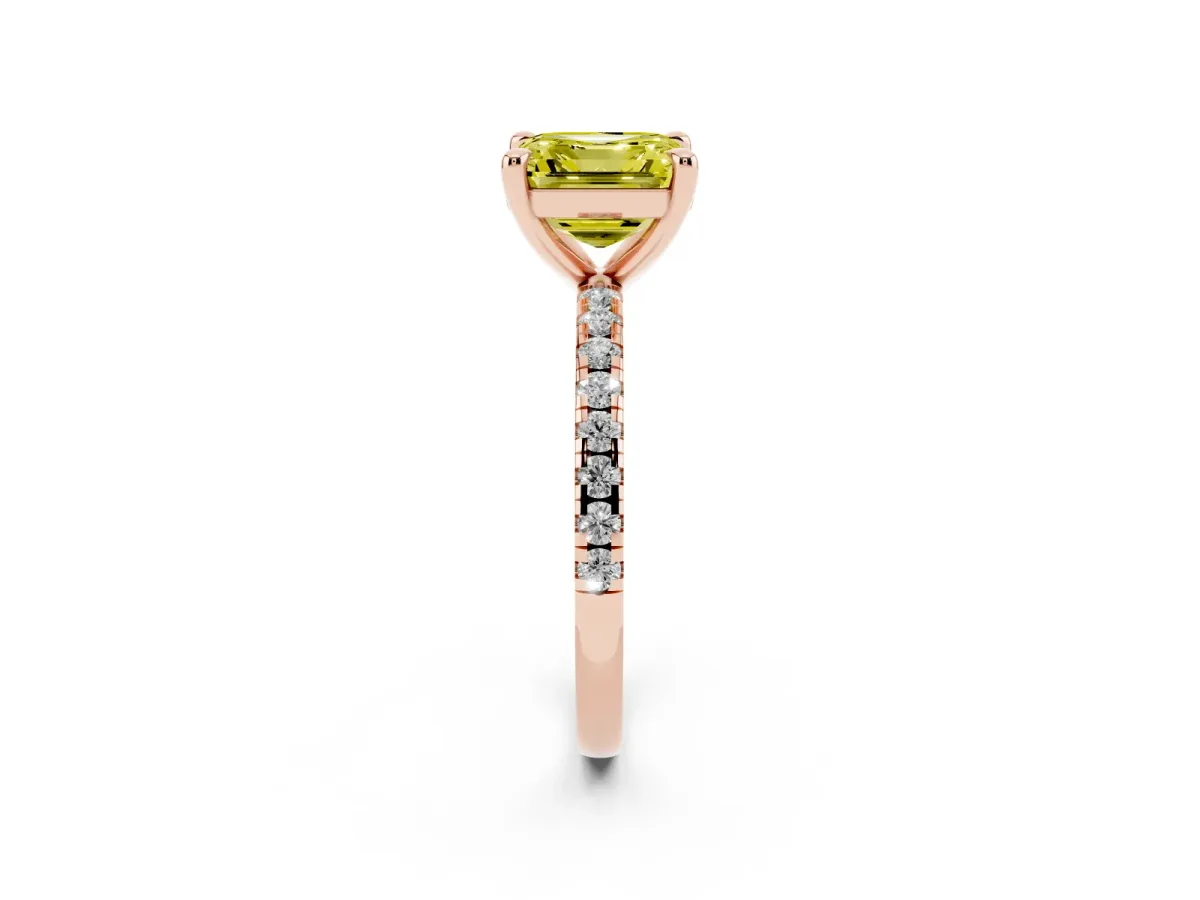 Fancy Yellow Asscher Cut Diamond Brilliant Solitaire Ring with Pavé Band and Four-Prong Setting Rose gold