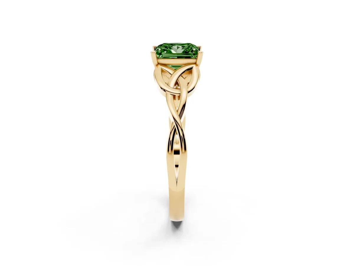 Fancy Green Princess Cut Diamond Solitaire Engagement Ring with Celtic Knot Band and Four-Prong Setting Yellow gold
