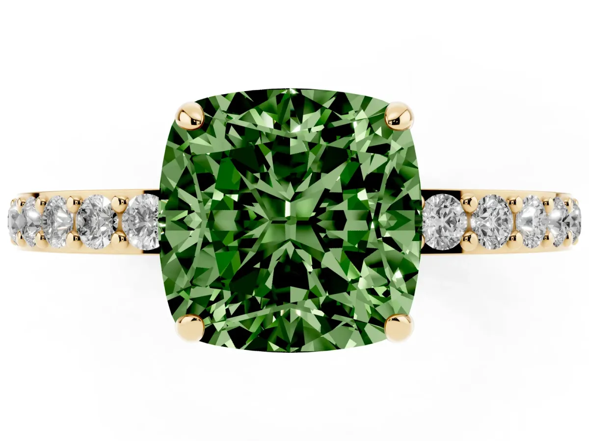 Fancy Green Cushion Cut Diamond Solitaire Engagement Ring with Pavé Band and Four-Prong Setting Yellow gold
