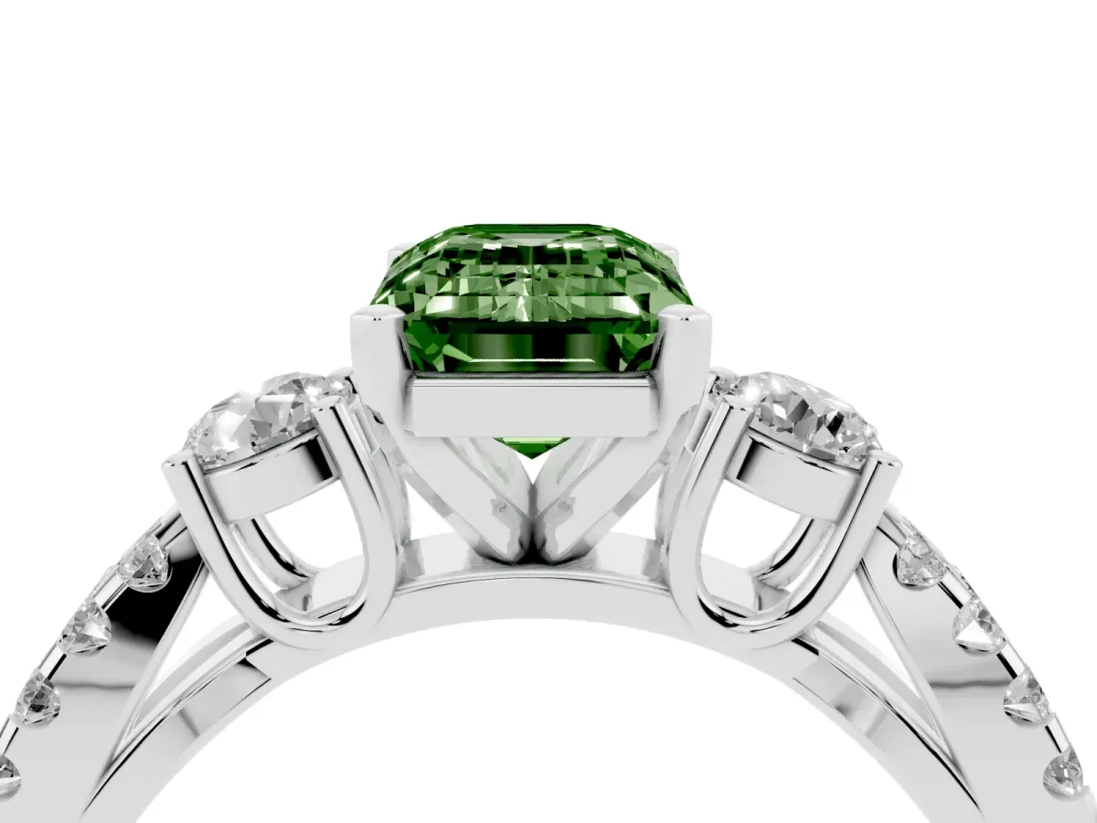 Fancy Green Emerald Cut Diamond Three-Stone Ring with Pavé Split Shank and Four-Prong Setting Silver