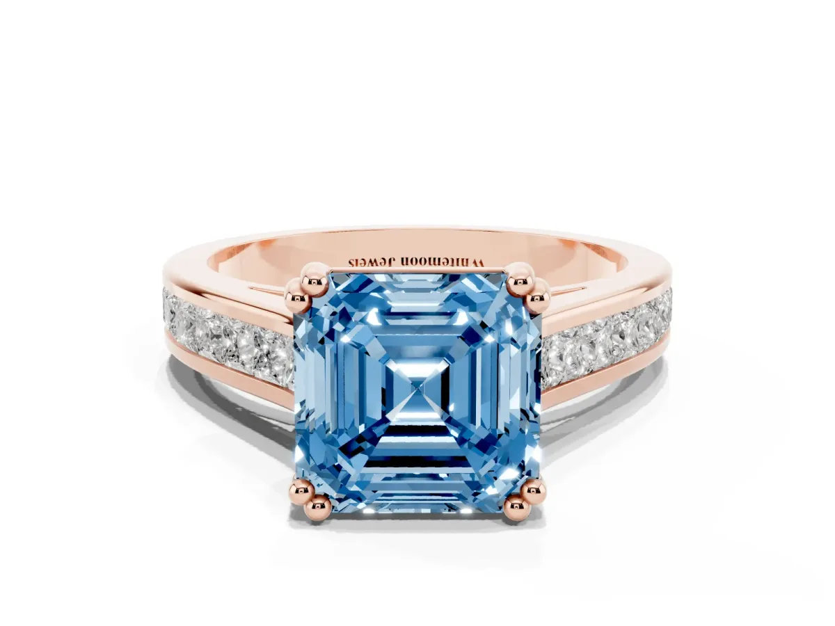 Fancy Blue Asscher Cut Cut Channel Set Solitaire Engagement Ring with Prong Setting Rose gold