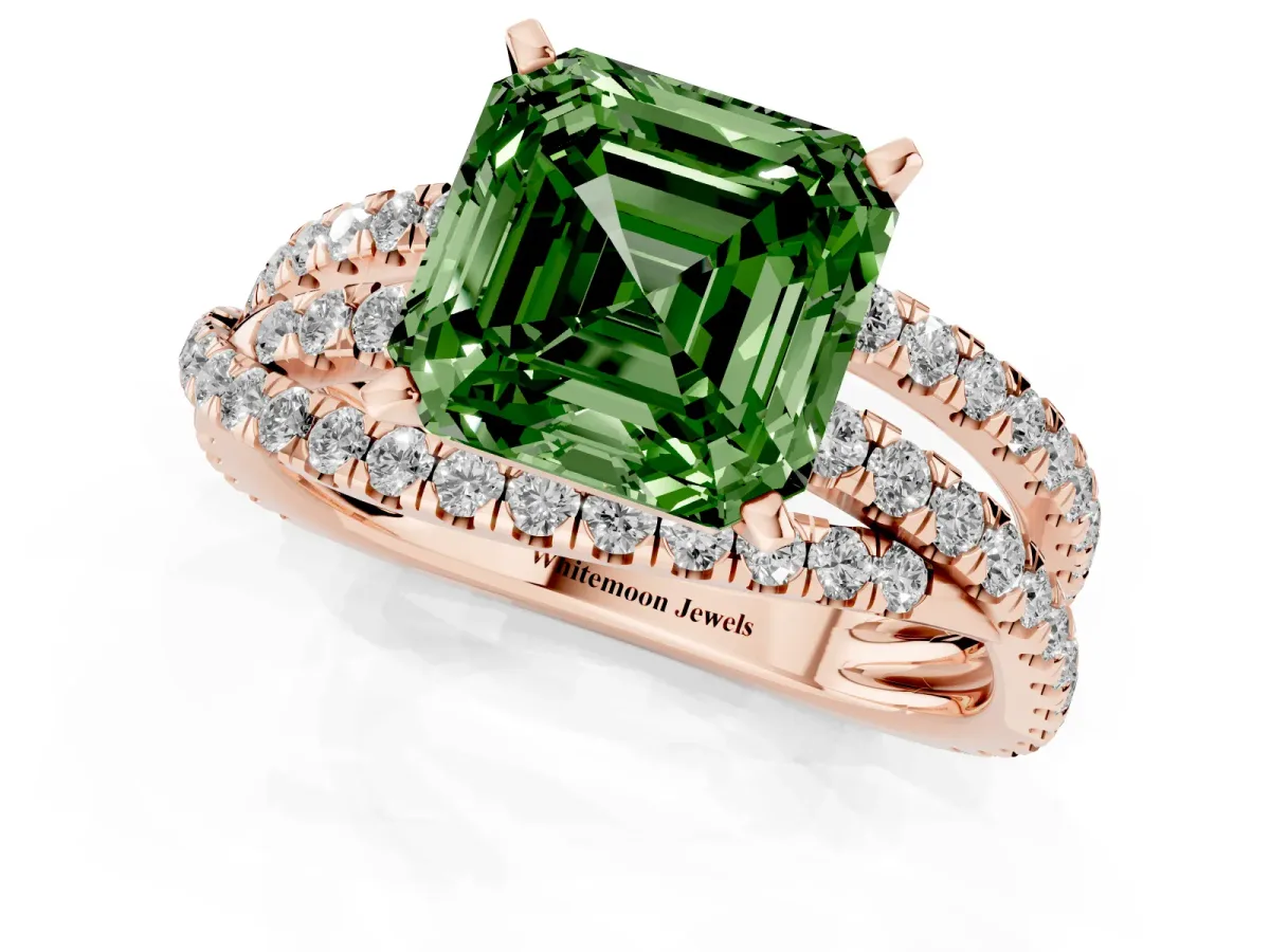 Fancy Green Asscher Cut Solitaire Twist Band with Pavé Setting and Four-Prong Setting Rose gold