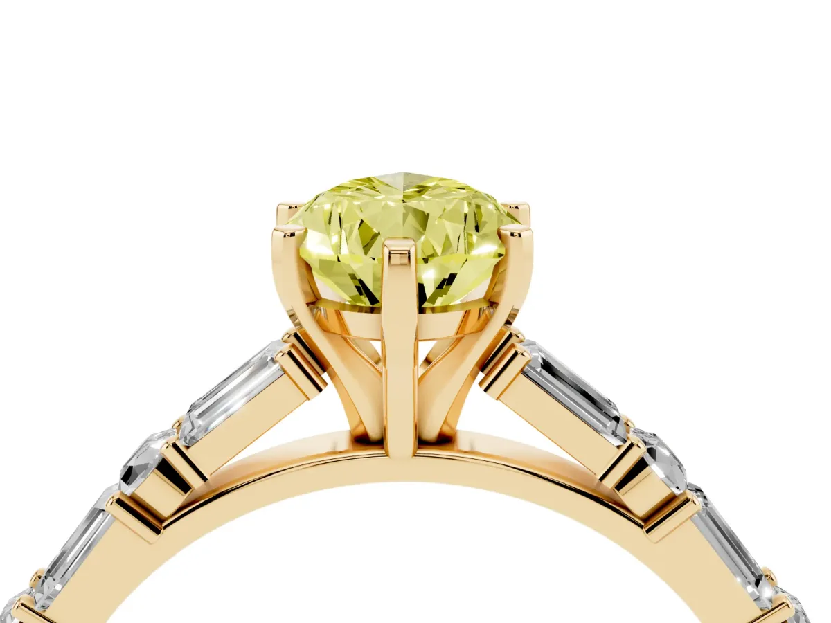Fancy Yellow Pear Cut Diamond Solitaire with Side Baguettes and Channel Set Band Yellow gold