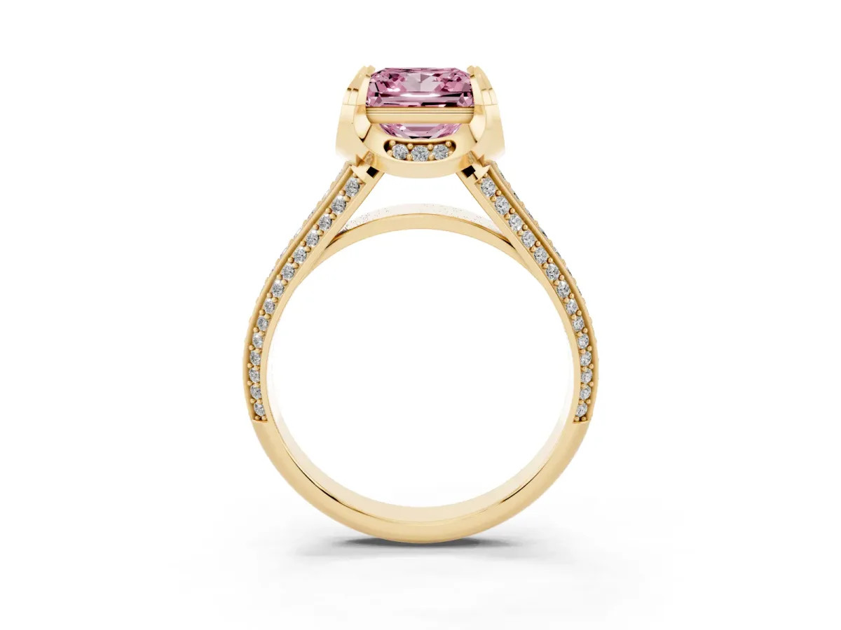 Fancy Pink Princess Cut Solitaire Pave Split Shank Ring with Four-Prong Setting Yellow gold