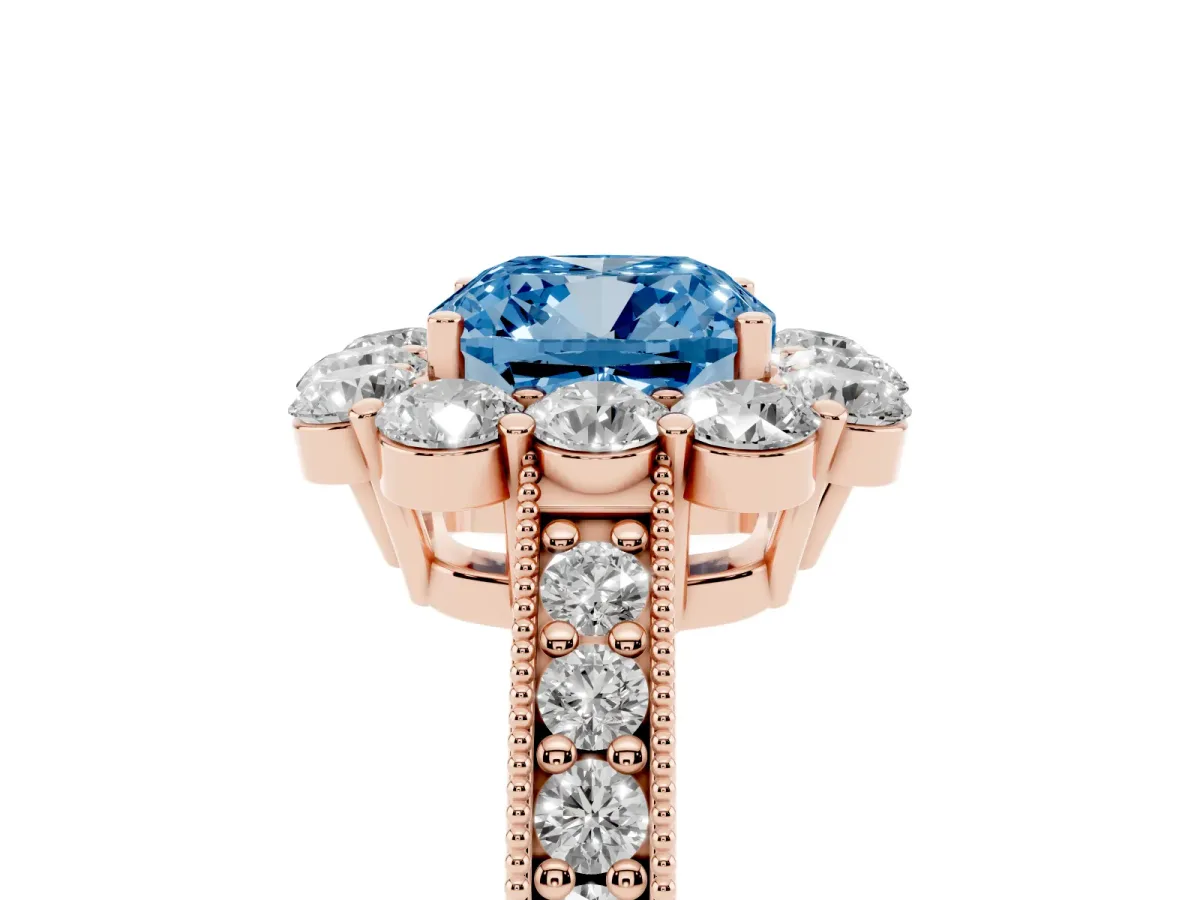 Fancy Blue Cushion Cut Cut Halo Diamond Pavé Engagement Ring with Milgrain Detailing Rose gold