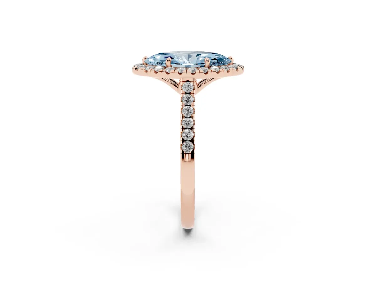 Fancy Blue Marquise Cut Halo Pavé Diamond Engagement Ring with Four-Prong Setting Rose gold