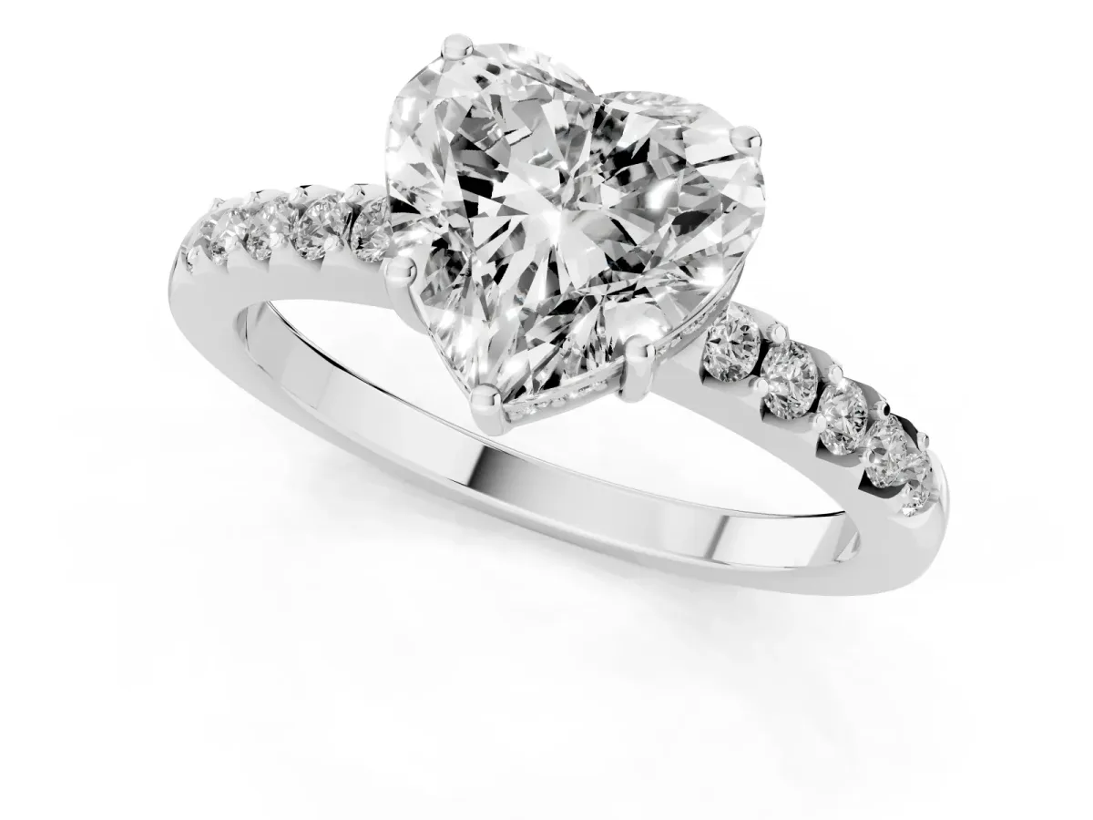 Heart Cut Solitaire Diamond Engagement Ring with Pavé Band and Six-Prong Setting Platinum