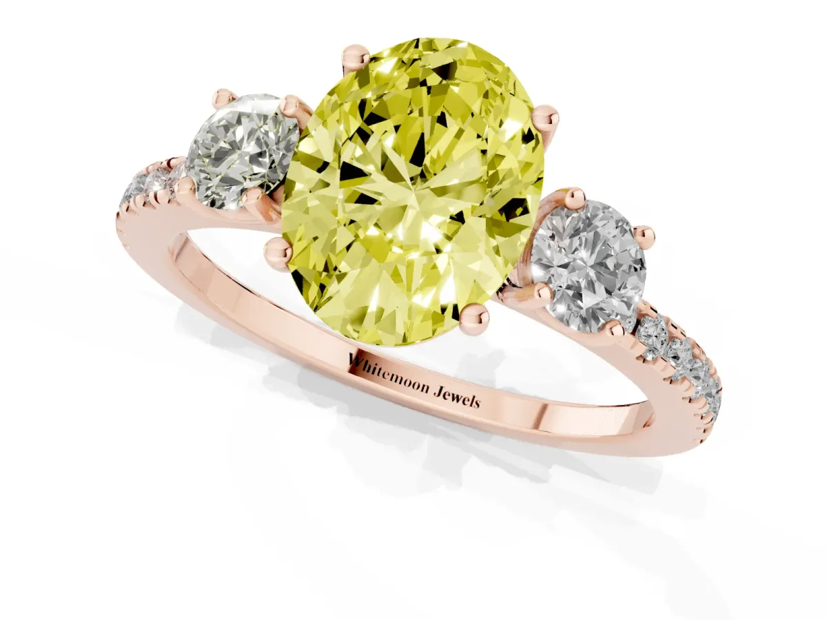 Fancy Yellow Three-Stone Oval Cut Cut Diamond Pavé Band with Prong Setting Rose gold
